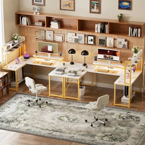 Wrought Studio Kanisha 74.48'' W U-Shaped Computer Desk with Hutch | Wayfair Home Office For Designers, Hobby Desk Work Stations, Interior Design Studio Workspace, 2 Desk Home Office, Office Ideas For Two People, 2 Person Desk Home Office, Workspace In Living Room, Living Room With Desk, Computer Room Ideas