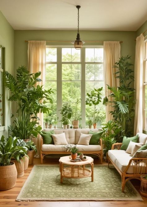 Living Room With House Plants, Cosy Living Rooms Ideas, Cosy Interior Living Room, Forest Living Room Decor, Pistachio Green Room, Living Room Nature Theme, Green Office Room, Jade Green Living Room, Green Cozy Living Room