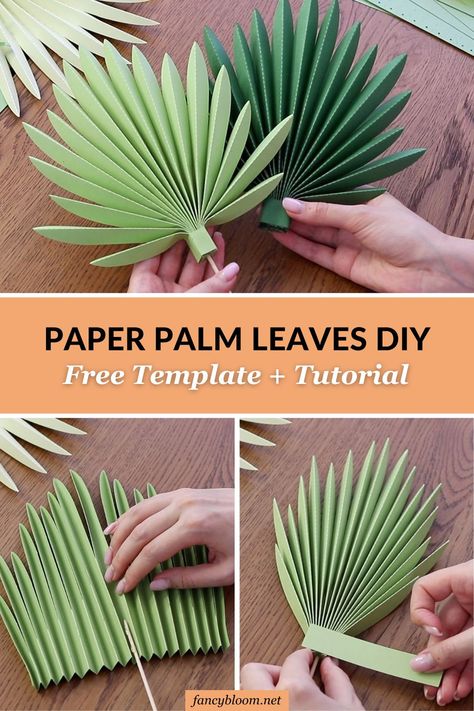 How To Make Paper Palm Leaves DIY (+ FREE Template) - FancyBloom 16 Paper Palm Tree, Leaves Diy, Paper Dahlia, Large Paper Flowers, Paper Leaves, Leaf Template, Paper Flowers Craft, Paper Flower Backdrop, Paper Flower Tutorial