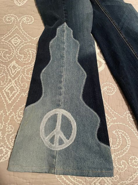 Excited to share this item from my #etsy shop: Peace Sign Bell Bottoms Boho Bell Bottoms, Bell Bottoms Jeans, Jeans Custom, Boho Jeans, Peace Signs, Bottom Jeans, Make Peace, Upcycled Denim, Womens Jeans