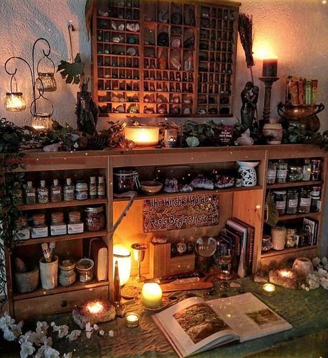 Witches Society 🔮 on Instagram: “What an enchanting altar! There’s all sorts of wonderful crystal specimens and magical supplies on display, I’d spend hours taking photos…” Altar Inspiration, Rings Stones, Witchy Room, Witch Room, Pagan Decor, Gems Crystals, Wiccan Decor, Witch Cottage, Witchy Aesthetic