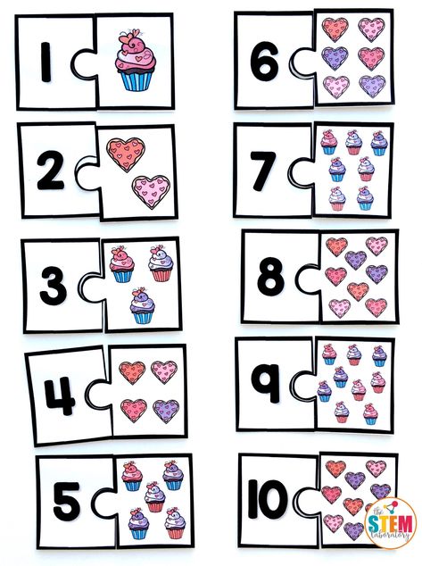 Sweet Treats Number Puzzles - The Stem Laboratory Preschoolers Worksheets, Puzzles For Preschoolers, Taal Posters, Alphabet Activities Kindergarten, Puzzle Worksheet, Math Centers Kindergarten, Kindergarten Learning Activities, Preschool Valentines, Printables Free Kids