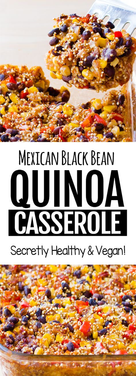 Cheesy Vegan Mexican Black Bean Quinoa Casserole Recipe #vegan #glutenfree #health #recipe #healthy #food #vegetarian #healthyrecipes #quinoa #dinner Black Bean Quinoa Casserole, Quinoa Recipes Side Dish, Quinoa Casserole Recipes, Vegan Casserole Recipes, Mexican Black Beans, Quinoa Recipes Easy, Quinoa Casserole, Mexican Quinoa, Vegan Casserole