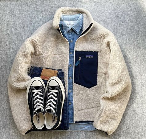 Mens Patagonia Outfit, Patagonia Outfit Mens, Patagonia Retro X Jacket, Football Casual Clothing, Japanese Americana, Lumberjack Style, Patagonia Outfit, Fleece Outfit, Mens Outfit Inspiration