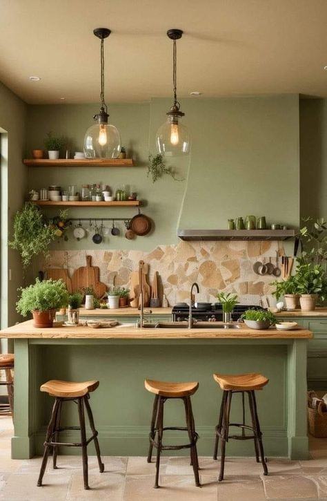 Green Kitchen Paint Colors, Kitchen With Green Backsplash, Green Kitchen Paint, Green Kitchen Walls, Kitchen Life Hacks, Mom Kitchen, Sage Green Kitchen, Green Kitchen Cabinets, Kitchen Walls