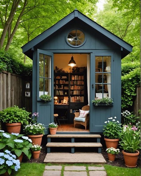 Garden Shed Guest House, She Shed In The Woods, She Sheds Interior, She Shed Modern, Outdoor Studio Shed, Writing Shed Backyard Studio, Floral Studio Shed, School Shed Ideas, Backyard Library Shed