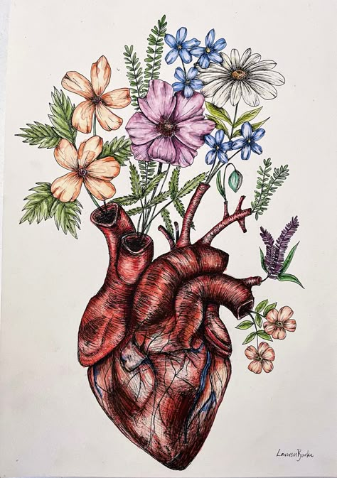 Heart With Flowers Growing Out Of It, Heart Drawing With Flowers, Brain And Heart Drawing, Flower Drawing Background, Human And Nature Art, Heart Art Drawing, Anatomy With Flowers, Heart Anatomy Drawing, Lungs Drawing