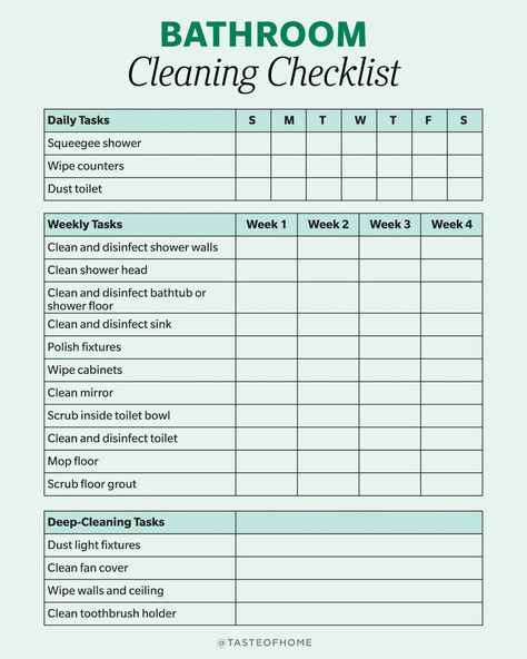 Bathroom Cleaning List, Bathroom Cleaning Schedule, Bathroom Checklist, Bathroom Cleaning Checklist, Cleaning Shower Head, Cleaning Routines, Cleaning Checklist Template, Deep Cleaning Checklist, How To Clean Mirrors