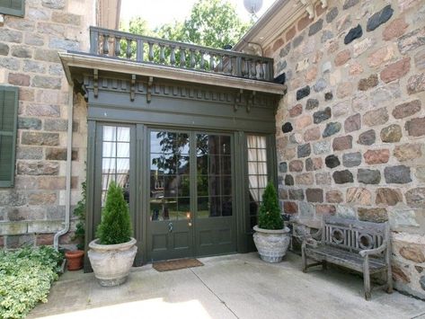 Green French Doors, Stone Entryway, Paint Stone, Entryway Door, Side Entrance, Garage Addition, Door Paint, Pool House Plans, Old Stone Houses