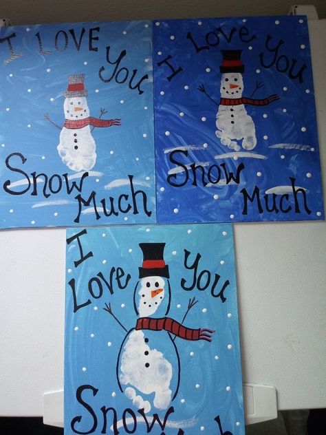 Baby Foot Print Art Winter, One Year Old Winter Crafts, Christmas Canvas Paintings Preschool, Snowman Crafts For Infants, Diy Crafts For Infants, Winter Parent Gifts From Kids, 12 Month Old Christmas Crafts, Christmas Arts And Crafts For Infants, Toddler Snowman Art