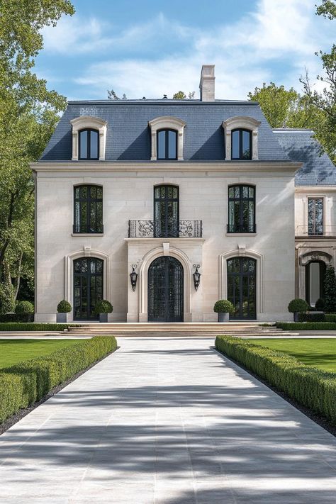 Modern French chateau. Check out all of these lavish luxurious European houses that are real masterpieces. Small French Chateau House Plans, Single Story French Country Exterior, French Luxury House, Small Chateau House Plans, French Chateau Plans, Modern Chateau House Plans, French Architecture Exterior, French House Architecture, Chateau Exterior French