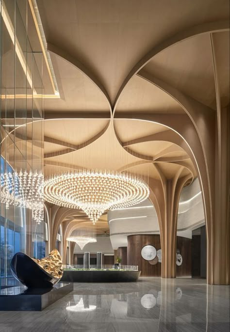 Elegant Ceiling Design, Colourful Ceiling, Classic Ceiling Design, Column Cladding, Ceiling Design Ideas, Hotel Lobby Design, Column Design, Parametric Design, Lobby Design