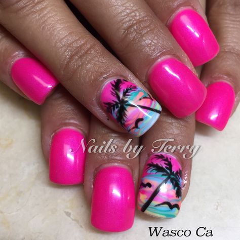 Palm tree gel nails Cruise Nails, Beach Nail Art, Palm Tree Nails, Beach Nail Designs, Tropical Nails, Tree Nails, Vibrant Nails, Vacation Nails, Blue Nail