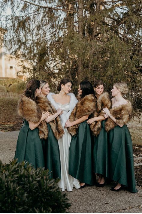 fur shawls <3     Cozy Winter Wedding with Emerald Greens & Pinecones || Eastern Shore, Maryland || Victoria Selman Photographer Winter Wedding Fur, Winter Wedding Bridesmaids, Emerald Green Bridesmaid Dresses, Winter Bridesmaid Dresses, Winter Bridesmaids, Wedding Fur, Emerald Green Weddings, Verde Smeraldo, Winter Wedding Colors