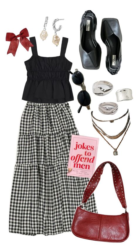 #spring #springoutfitinspo #springoutfit #outfit #fall #falloutfit #coquette #coquetteoutfit #pilatesprincess #red #gingham #longskirt #skirt #silver Red Gingham Skirt Outfit, Gingham Skirt Outfit, Tiered Skirt Outfit, Red Gingham Skirt, Gingham Outfit, Gingham Skirt, Red Gingham, Outfit Fall, Skirt Outfit