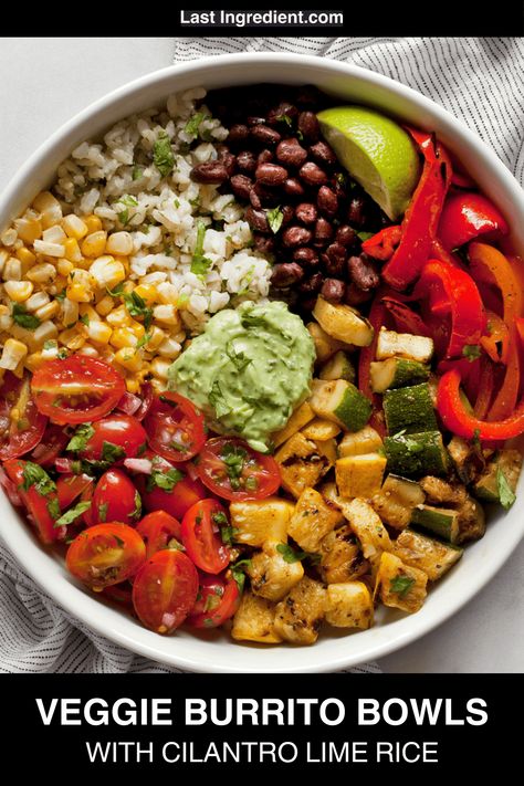 Vegetarian Burrito Bowls Vegetarian Burrito Bowl, Vegetarian Burrito, Hummus Sandwich, Vegetarian Grilling, Burrito Bowls Recipe, Veggie Burrito, Avocado Crema, Skip It, Weekend Cooking