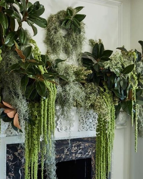 Hanging Branch Installation, Only Greenery Wedding, Cascading Table Arrangement, Spanish Moss Centerpiece, Magnolia Wedding Theme, Mounted Plants, Magnolia Photo, Green Foliage Wedding, Botanical Decoration