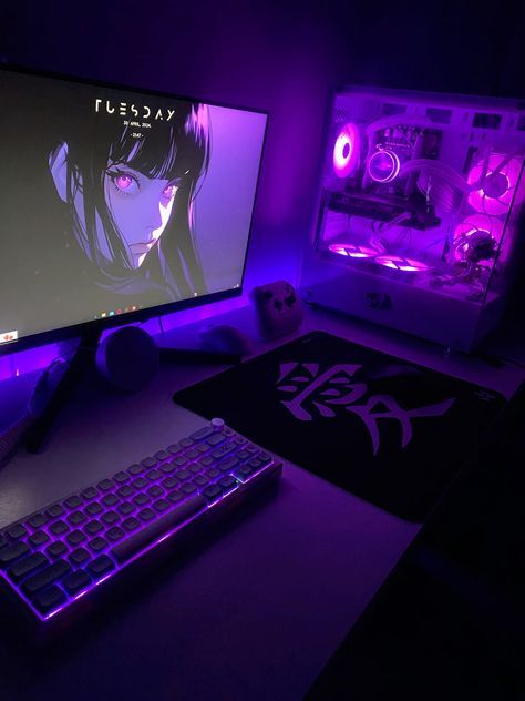 Computer Gamer Aesthetic, Purple Gaming Room Setup, Purple And Black Pc Setup, Pc Gaming Setup Purple, Black And Purple Setup, Purple Setup Gaming, Gamer Room Purple, Desk Setup Purple, Purple Set Up