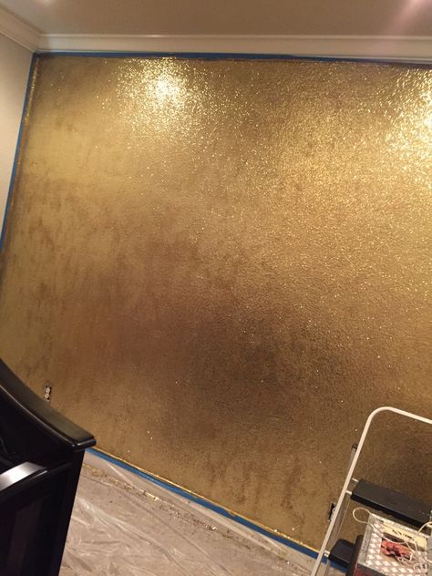 Gold Glitter Paint Walls, Gold Accent Wall Bedroom, Gold Paint Colors, Metallic Paint Walls, Gold Painted Walls, Paint A Wall, Big Girl Bed, Gold Accent Wall, Gold Glitter Paint