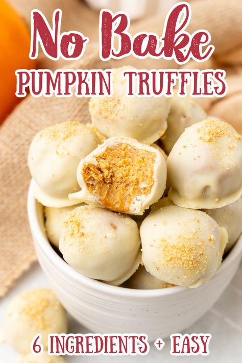 Pumpkin Truffles – All of your favorite pumpkin cheesecake flavors in a truffle! Pumpkin puree, pumpkin pie spice, white chocolate, cream cheese, and more all blended together and rolled into balls before being coated in white chocolate. Perfect to make for Thanksgiving or any fall event! Truffle Recipes | Pumpkin Desserts | No Bake Pumpkin Desserts #truffles #pumpkin #fall #dessert White Chocolate Pumpkin Balls, White Chocolate Pumpkin Truffles, Thanksgiving Baked Desserts, Thanksgiving Truffle Balls, Pumpkin Cream Cheese Truffles, Easy Pumpkin Truffles, Jetpuffedmarshmellows Recipes, Pumpkin Cheesecake Truffle Balls, Pumpkin Truffles Recipe