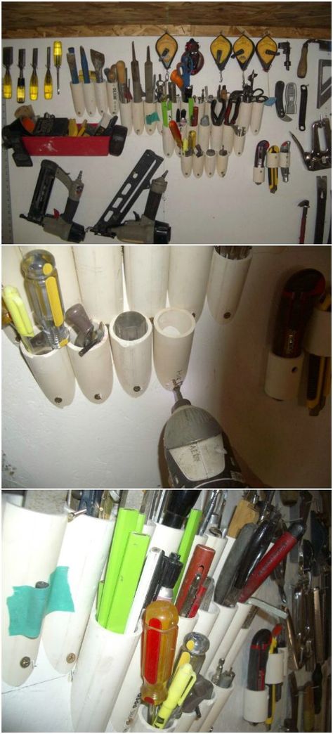 Tool Organizer -- Great idea, like I've said before, try explaining this to a man while in a Home Improvement store in the PVC isle -- blank stare............ Pvc Pipe Storage, Organize Garage Diy, Pipe Storage, Pvc Pipe Ideas, Organize Garage, Ultimate Organization, Diy Organize, Pvc Storage, Pvc Pipe Crafts