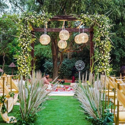 Botanical Mandap Decor Is Trending Big Time And How Evening Wedding Decor, Wedding Mandap Decor, Floral Decor Ideas, Mandap Design, Rustic Wedding Decorations, Wedding Entrance Decor, Bohemian Wedding Decorations, Mandap Decor, Wedding Backdrop Design