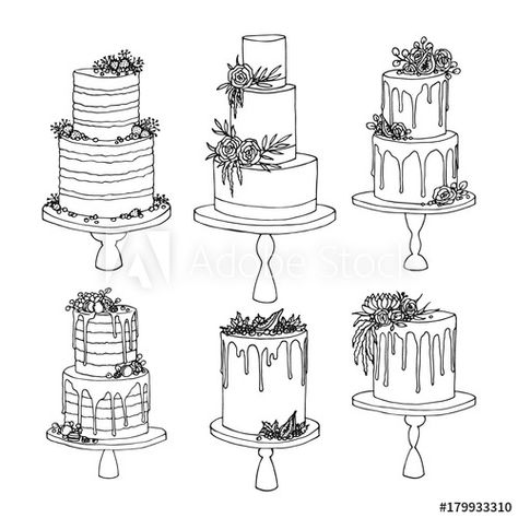 Stock Image: Vector sketch of trending wedding cakes with floral and fruit decoration isolated on a white Trending Wedding Cakes, Wedding Cake Drawing, Cakes Drawing, Wedding Cakes Floral, Wedding Cake Illustrations, Cakes Floral, Cake Sketch, Love Prayer, Fruit Decoration