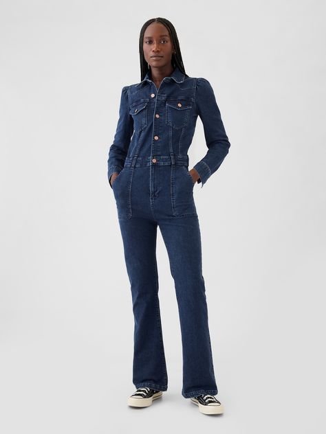 Low stretch denim western-style jumpsuit.  Point collar, half button front.  Long sleeves.  Button-flap patch pockets at chest.  Front slant pockets, back patch pockets.  Button tab at back waist.  Responsibly Made: This denim jumpsuit is made with 5% recycled cotton and is part of our water-saving Washwell program.  Compared with conventional wash methods, Washwell uses at least 20% less water and has saved over a billion liters of water since 2016.  Fit: Slim.  A semi-fitted silhouette that fits close to the body at the waist and hip, with a slight ease through the thigh.  Models wearing Gap Western Fashion For Women, Nyc October, Cowgirl Style Outfits, Style Jumpsuit, Brand Collaboration, Water Saving, Cowgirl Style, Fitted Silhouette, Denim Jumpsuit