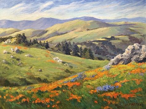 Coleman Valley Road Poppies & Lupine by LaRhee Webster, Oil, 12 x 16 Clay Painting, Large Landscape Painting, Horizontal Painting, Valley Landscape, Valley Road, California Landscape, Mark Cross, Impressionism Art, Ethereal Art