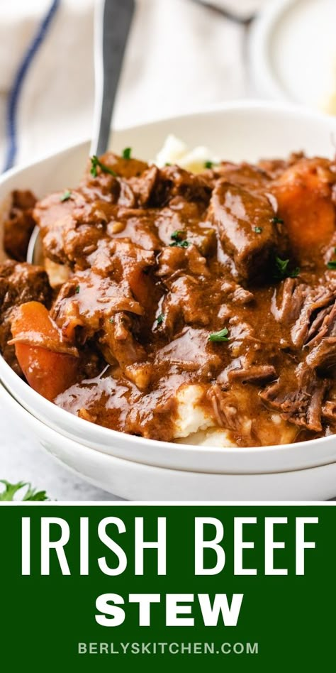 Bowl of Irish Beef Stew served over mashed potatoes. Best Irish Stew Recipe, Guiness Irish Stew Recipe, Slow Cooker Irish Stew, Irish Beef Stew Crockpot, Traditional Irish Beef Stew, Guinness Beef Stew Slow Cooker, Irish Beef Stew Recipe, Beef Stew With Beer, Beef Stew Stove Top