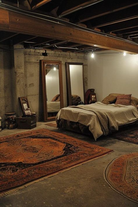 Unfinished Bedroom Ideas, Unfinished To Finished Basement, Turning A Basement Into A Bedroom, Convert Basement To Bedroom, How To Make An Unfinished Basement Livable, Exposed Ceiling Basement Ideas, Moody Basement Bedroom, Makeshift Basement Bedroom, Rental Basement Makeover