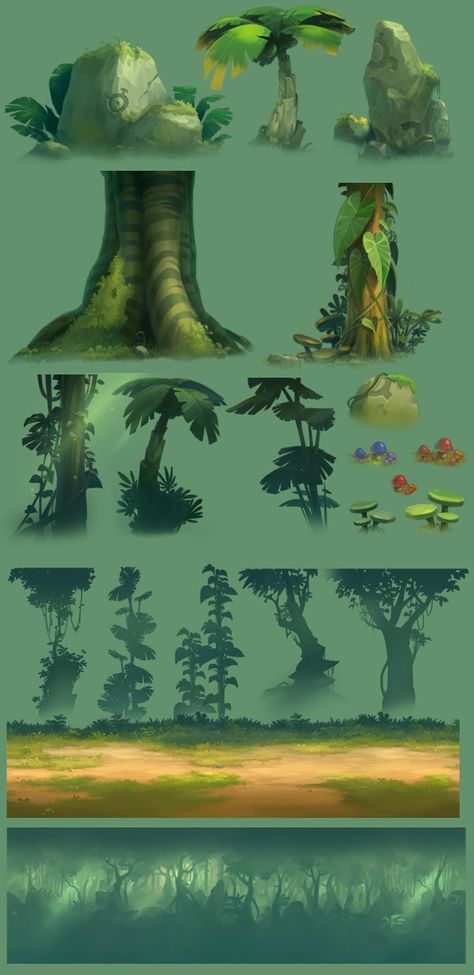 Foliage Tutorial Digital, Side Scrolling Game Background, Foliage Concept Art, River Concept Art, Forest Landscape Drawing, Concept Art Forest, Plants Digital Art, Forest Concept Art, Forest Reference