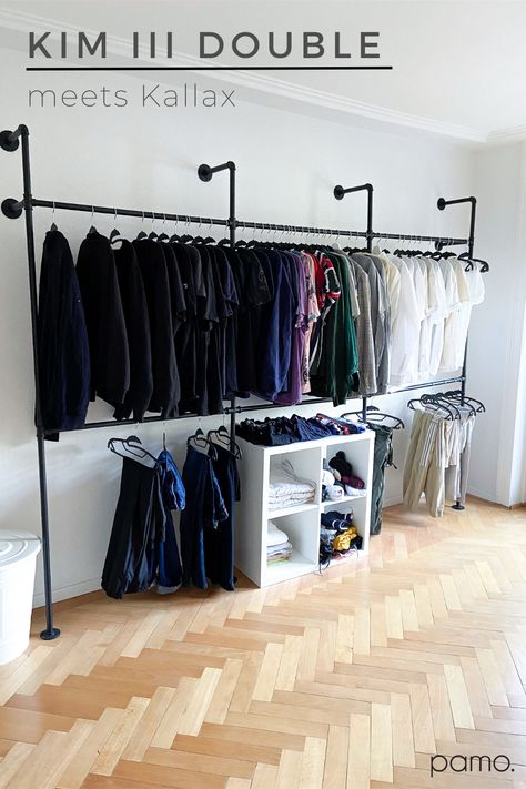 Our FINN and HANG as a space-saving clothes rack in rustic look✔ Open Wardrobe in industrial design✔ Order now & secure free shipping in US✔ Diy Open Closet, Diy Clothes Rail, Pipe Closet, Industrial Clothes Rail, Industrial Wardrobe, Industrial Clothing Rack, Industrial Coat Rack, Standing Closet, Mens Bedroom Decor