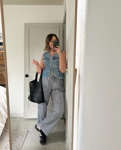 Bethany M. Poteet (@bethanympoteet) • Instagram photos and videos  Spring Outfit | gingham pants, Adidas Sambas and Denim Vest Pin Stripe Overalls Outfit, Outfits With Gingham Pants, Black And White Gingham Pants Outfit, Black Gingham Pants Outfit, Gingham Pants Outfit Street Style, Pant Outfits, Lazy Work Outfit, Gingham Pants Outfit, Patterned Pants Outfit