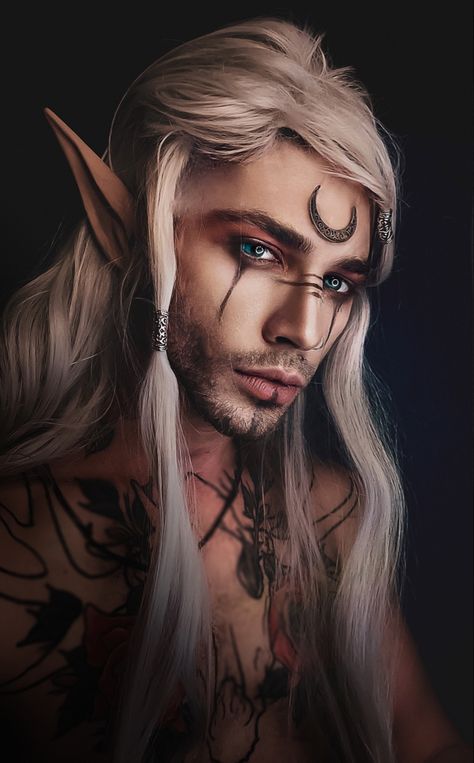 Dark Elf Male Makeup, Man Elf Costume, Dark Elf Costume Male, Druid Makeup Men, Goth Elf Aesthetic, Elf Fantasy Makeup, High Elf Makeup, Ren Faire Makeup Elf, Wizard Makeup Men