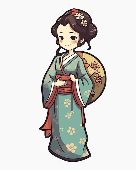 A cartoon of a geisha with a flower on h... | Premium Vector #Freepik #vector #japanese-kimono #geisha #japanese-geisha #kimono Geisha Cartoon, Japanese Kimono Drawing, Kimono Cartoon, Japanese Girl Art, Kimono Drawing, Japanese Geisha Drawing, Cartoon Props, Geisha Drawing, Soap Logo