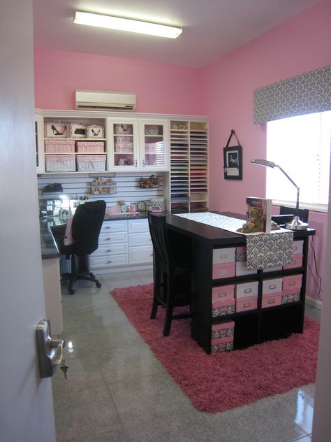 My Pink Retreat - Scrapbook.com - This room is so inspiring, neat and organized. #scrapbooking #craftrooms Dream Craft Room, Craft Room Design, Woman Cave, Scrapbook Room, Office Crafts, Hobby Room, Rooms Reveal, Craft Room Storage, Craft Room Office