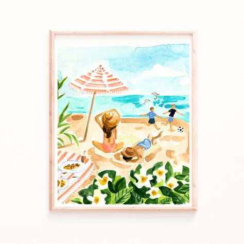 Family at the Beach Print, Tropical Wall Art, Retro Beach Prints, Boho Beach Wall Art, Watercolor Beach Picnic Drawing, Beach Day Drawing, Beach Party Illustration, Beach Umbrella Drawing, Beach Umbrella Painting, Family At The Beach, Sabina Fenn, Playing Soccer, Reference Pics