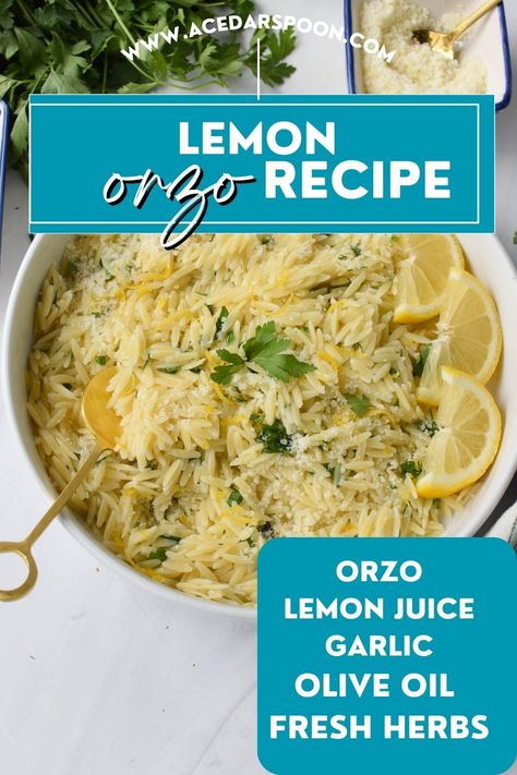 This Lemon Orzo Recipe is an easy side dish that is light, zesty and pairs nicely with grilled meats, seafood or can pair with roasted vegetables. Orzo pasta is mixed with extra virgin olive oil, lemon juice, lemon zest, garlic and fresh basil and fresh parsley to create a simple but flavorful side! Orzo Recipes Asian, Lemon Basil Orzo Salad, Lemon Basil Recipes, Warm Orzo Side Dish, Orzo Side Recipes, Lemon Orzo Recipes, Easy Orzo Recipes, Orzo Side Dish, Lemon Basil Orzo