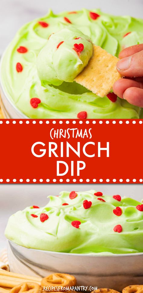 This easy Grinch Dip is a classic Christmas dip for the holiday season. It requires only 6 ingredients and comes together in just a few minutes. Great to serve as a Christmas dessert dip, as part of a Christmas dessert board, or while watching the How the Grinch Stole Christmas movie. This cold dip - No bake Grinch Christmas Dip makes for good holiday traditions - a great appetizer, party dip, dessert for Christmas Holiday parties and Christmas parties. #christmas #dip #grinch #appetizer Grinch Dip Stole Christmas, Grinch Themed Christmas Party Foods, Spinach Dip Christmas Tree Appetizer, Snacks For A Christmas Party, Grinch Party Menu Ideas, Family Christmas Night Ideas, Grinch Christmas Dinner Ideas, Grinch Trail Mix Christmas Parties, Grinch Thanksgiving