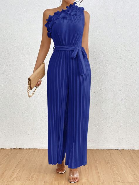 Women Summer Elegant Solid Color Asymmetric Neckline Pleated Jumpsuit Royal Blue Elegant  Sleeveless Woven Fabric Plain Other Non-Stretch  Women Clothing, size features are:Bust: ,Length: ,Sleeve Length: Pleated Jumpsuit, Summer Elegant, Asymmetric Neckline, Azul Real, Azul Royal, Asymmetrical Tops, Blue Outfit, Outfits Casuales, Feminine Style