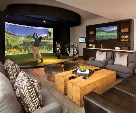 A New Golf Clubhouse at the Yellowstone Club - Mountain Living Golf Man Cave, Home Golf Simulator, Indoor Golf Simulator, Golf Bar, Yellowstone Club, Golf Simulator Room, Clubhouse Design, Golf Clubhouse, Golf Room