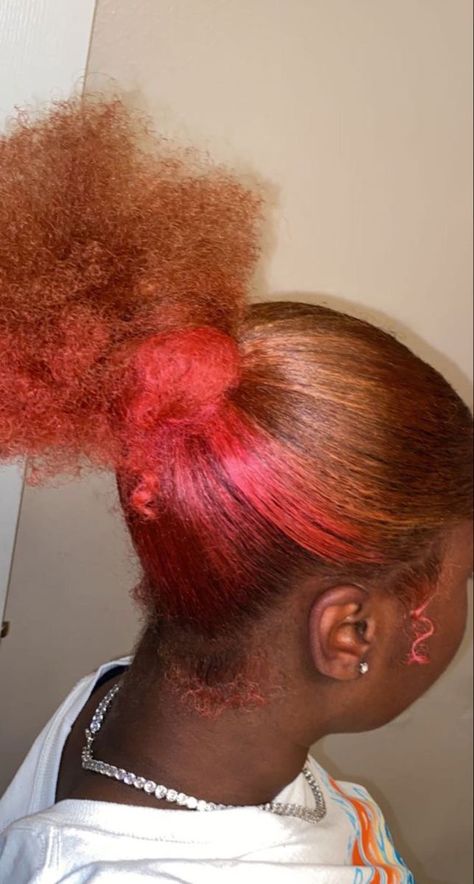 Honey Brown Hair With Pink Highlights, Ginger With Pink Skunk Stripe, Ginger And Pink Skunk Stripe, Ginger Hair With Pink Skunk Stripe, Brown And Pink Natural Hair, Dye Colors For Black People, Black And Dyed Hair, Ginger And Pink Hair Dye, Hair Dyes For Black Hair