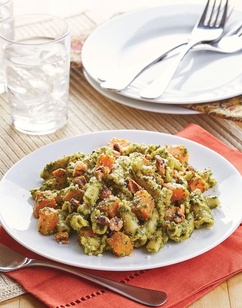 SAGE & WALNUT PESTO PASTA WITH SWEET POTATOES | "Woodsy and nutty, this unique sage and walnut pesto is the star of this dish. The pasta and sweet potatoes play perfectly with the sauce — it’s so flavorful and comforting." #cuisineathome #pasta #pastarecipes #pastainspiration #pastadinner #pastaideas #pastadinner #pastaideas #food #recipe Walnut Pesto Pasta, Erin Lives Whole, Sweet Potato Pasta, Pasta Noodle Recipe, Food Net, Walnut Pesto, Perfect Pasta, Food Board, Cuisine Recipes