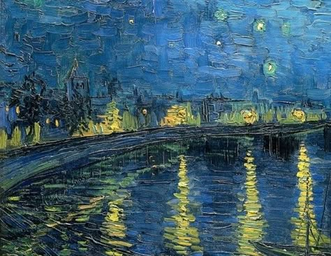 "✨ 'Starry Night Over the Rhône,' painted by Vincent van Gogh in September 1888, captures the serene beauty of the night sky over Arles, in the south of France. Van Gogh moved to Arles in February 1888, seeking the vibrant colors and luminous light of Provence, which he believed would rejuvenate his spirit and inspire his art. Van Gogh was deeply inspired by the shimmering reflections and peaceful atmosphere, even as he struggled with his inner turmoil. This painting is a testament to finding... Post Impressionism Art Vincent Van Gogh, Vincent Van Gogh Paintings Original, Van Gogh Aesthetic, Post Impressionism Art, Starry Night Over The Rhone, Inner Turmoil, Art Van Gogh, Claude Monet Paintings, Vincent Van Gogh Paintings