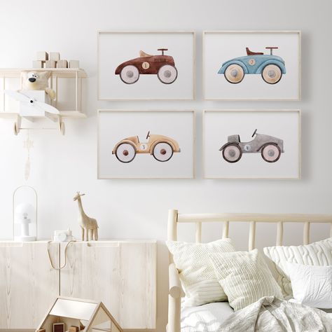 Get those motors running with these vintage car prints! Add some style to the nursery, bedroom, or playroom with this set of 4 classic car prints, perfect for any car enthusiast, big or small. Rev up the fun in any room! Boys Car Bedroom, Vintage Car Bedroom, Vintage Car Nursery, Car Themed Rooms, Car Themed Bedrooms, Car Nursery, Race Car Themes, Boy Toddler Bedroom, Baby Boy Nursery Themes