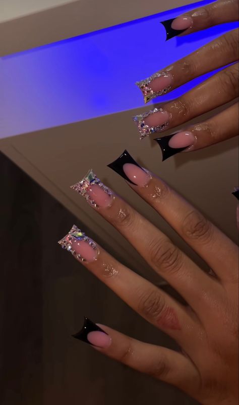 Duck Nails Acrylic Medium, Black French Tip Nails Duck, Black Frenchies With Rhinestones, Duck Nail Inspo 2023, Black Duck Nails With Charms, Black French Duck Nails, Medium Duck Nails Acrylic, Acrylic Nail Designs Black Women, Short Duckie Nails