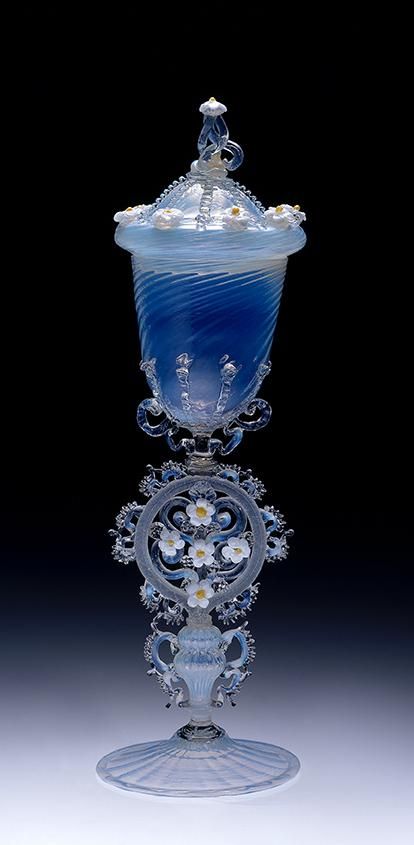 Glasses comparable in form to this goblet in opalescent glass, with a multitude… Fantasy Notes, Fantastic Flowers, Corning Museum Of Glass, Glas Art, Amber Crystal, The Venetian, Antique Glassware, National Gallery, Gorgeous Glass