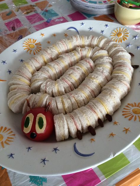 Hungry caterpillar sandwich swirl made for my little girl's 2nd birthday party which had an insect theme. Bug Treats For Kids, Bugs Life Party Ideas, Worm Themed Birthday Party, Worm Birthday Party, Bug Theme Birthday Party, Bug Food Ideas, A Bugs Life Birthday Party, Bugs Life Birthday Party, Bug Party Ideas