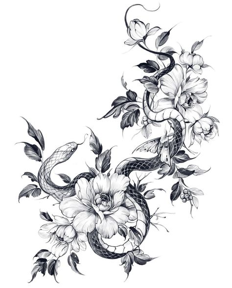 Snake Flower Back Tattoo, Snake With Flowers Drawing, Snake With Flowers Tattoo, Snake And Flower Tattoo, Snake And Flowers Tattoo, Dragon Hand Tattoo, Floral Skull Tattoos, Girl Flower Tattoos, Word Tattoo Ideas